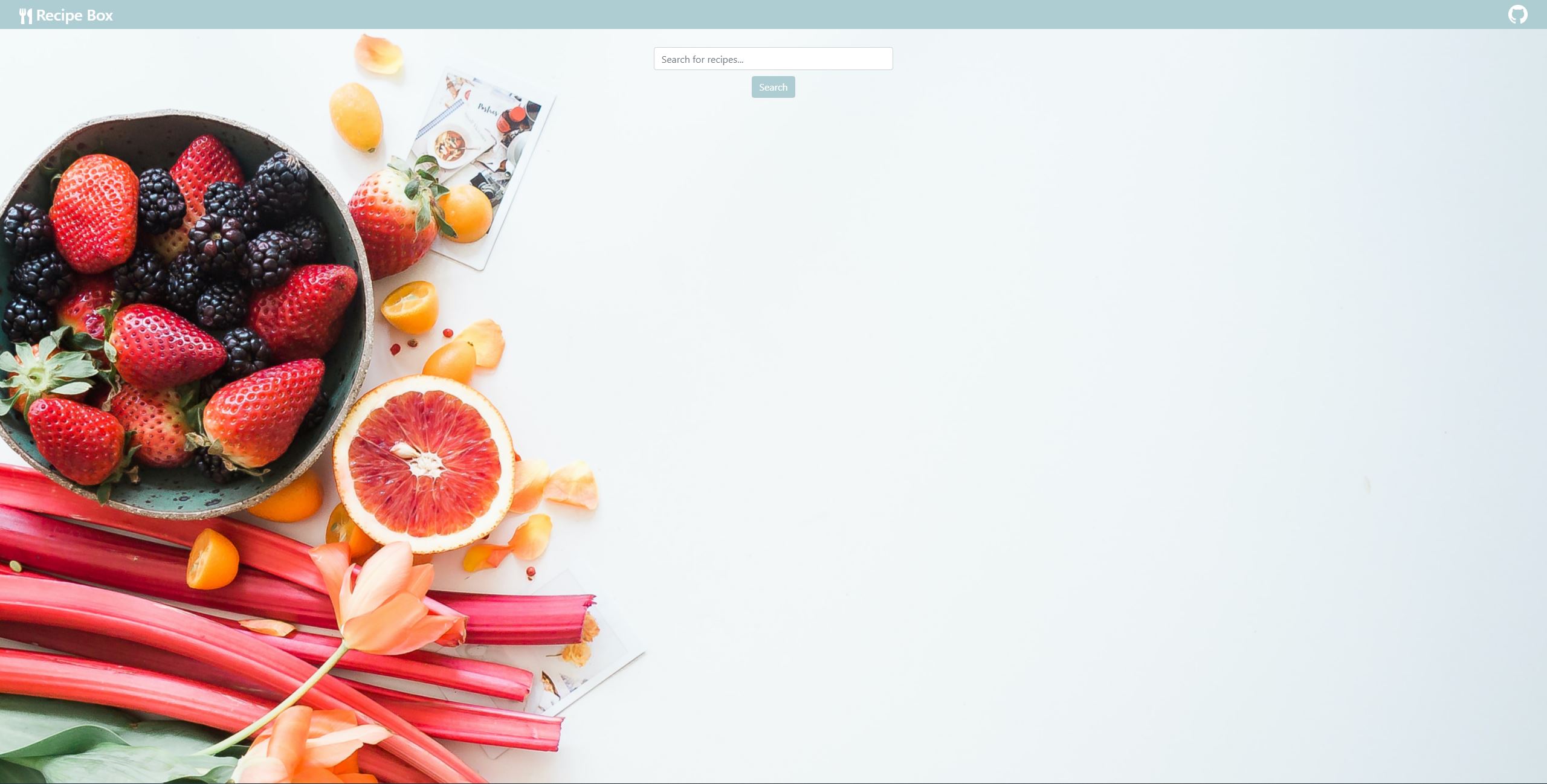 print screen of a recipe app with a serach bar and picture of fruit